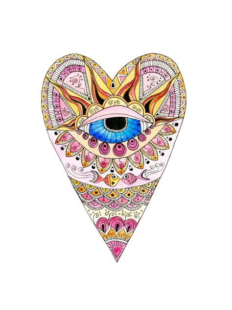 "While I was living in the Middle east these charming evil eye symbols were everywhere. I put my own spin on them and set the eye in a heart shape with intricate henna like designs around the outside.  I created this lovely illustration in watercolor and ink and have printed it on premium museum quality Epson Paper. Ink is also archival and I use a professional fine art Giclee printer I've been lucky enough to purchase for my own use. This allows me to print on demand and always offer the highes Hamsa Evil Eye Tattoo, Evil Eye Tattoo Small, Eye Tattoo Small, Eye Tattoo Meaning, Sailor Moon Cat, Evil Eye Tattoo, Evil Eye Art, Eye Illustration, A Level Art Sketchbook