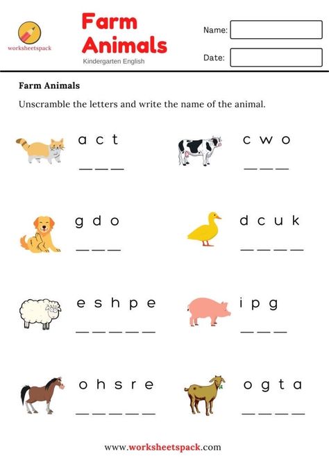 Name The Animals Worksheet, Farm Animals Worksheets For Grade 1, English Animals Worksheet, English Writing Skills Kids Worksheet, Worksheet Animals For Kids, Worksheet English For Kindergarten, English For Kindergarten Worksheets, Animal Worksheets Kindergarten, Unscramble Words Worksheets