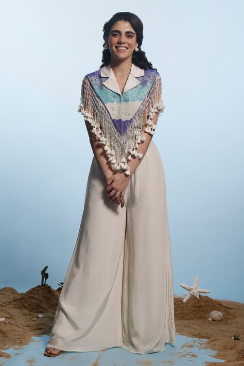 Shop for these amazing collections of Ivory Crepe Embroidered Cutdana Embellished Tasselled With Jumpsuit For Women by Eclat by Prerika Jalan online at Aza Fashions. Pearl Cape, Jumpsuit For Women, Solid Jumpsuit, Indian Dresses Traditional, Designer Dresses Casual, Stylish Party Dresses, Party Wear Indian Dresses, Fancy Dress Design, Stylish Dress Book