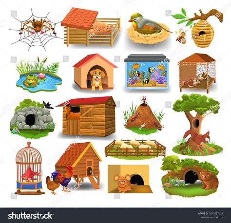 Animal homes isolated on a white backgroundhomes#Animal#isolated#background Animals House Preschool, Animals And Their Homes, Animal Homes, House In Nature, English Lessons For Kids, Nature Drawing, All About Animals, House Drawing, About Animals