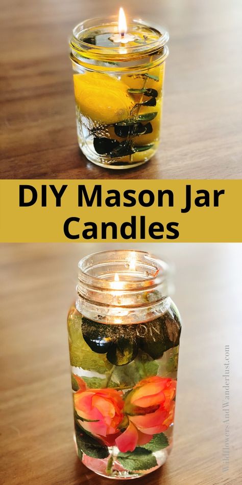 Make your own mason jar candles with our quick tutorial and inspiration.  Gather a few items from your yard and some clear glass containers and you're already halfway there.  These oil candles are a beautiful addition to your tabletop! WildflowersAndWanderlust.com Forever Candles Diy, Olive Oil Candles Diy, Ag Activities, Mason Jar Oil Candle, Oil Candles Diy, Candle Diy Mason Jar, Church Fellowship, Recycled Jars, Bath Melts