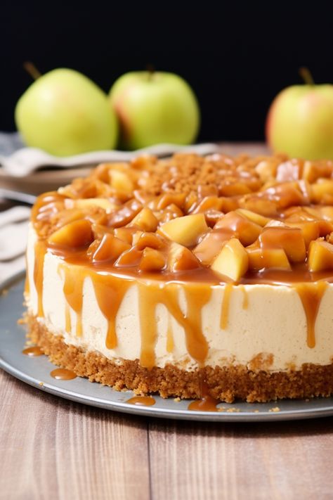 No-Bake Apple Pie Cheesecake - That Oven Feelin Apple Pie Cheesecake Recipe, Apple Pie Topping, Baked Apple Cheesecake, Apple Cheesecake Recipes, Baked Caramel Apples, Pie Topping, Apple Pie Cheesecake, Apple Crisp Cheesecake, Baked Caramel