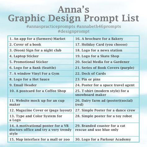 Graphic Designing Prompts, Daily Graphic Design Challenge, Graphic Design Practice Ideas, Adobe Illustrator Prompts, Graphic Design Challenge Ideas, Graphic Design Brief Ideas, Graphic Design Portfolio Prompts, Graphic Design Challenges, Graphic Design Prompts 30 Day