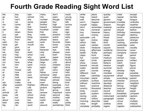 4th Grade Sight Words Printable Fourth Grade Sight Word List, Fourth Grade Vocabulary Words, Fourth Grade Sight Words, 4th Grade Sight Word List, Fourth Grade Spelling Words List, Fourth Grade Worksheets Free Printables, 3rd Grade Sight Words Free Printable, Grade 4 Sight Words, 4th Grade Language Arts Worksheets