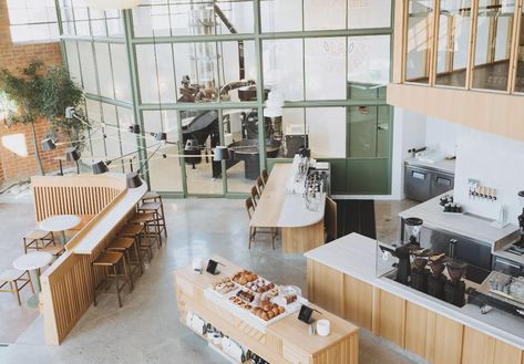 Inside Verve Coffee’s New Arts District LA Cafe and Roasting Compound - Eater LA Verve Coffee Roasters, Verve Coffee, Outdoor Space Design, Coffee Roastery, Arts District, Private Room, Coffee Cafe, Coffee Roasters, Bar Drinks