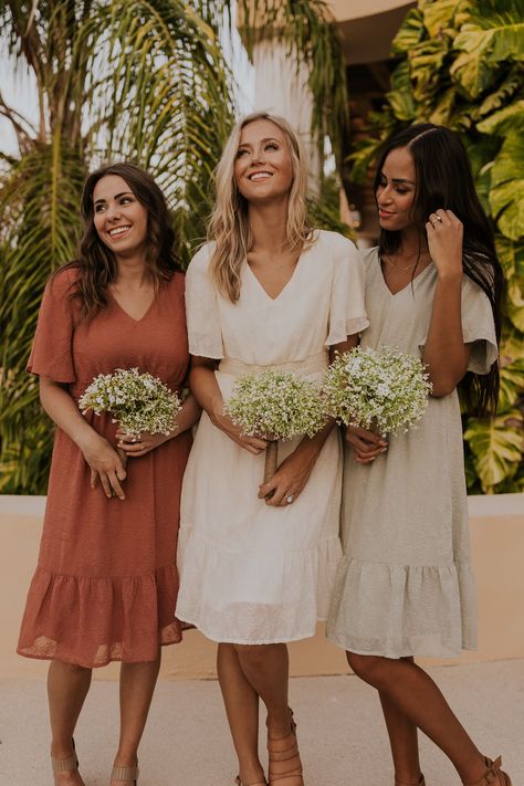 Mismatched Bridesmaid Dresses | Bridesmaid Dress Trends 2020 | Modest Bridesmaid Dresses Casual Bridesmaid, Casual Bridesmaid Dresses, Women Standing, Summer Bridesmaids, Spring Wedding Dress, Sage Dress, Mismatched Bridesmaid Dresses, Modest Bridesmaid Dresses, Dress Guide