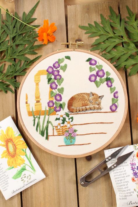 Learn how to embroider a sleeping cat. This hand embroidery pattern uses the technique of thread painting to create this quaint little scene on the front porch of a neighborhood home. Cat Embroidery Pattern, Surface Embroidery, Needle Painting, Summer Embroidery, Potted Flowers, Cat Embroidery, Morning Glories, Thread Painting, Hand Embroidery Pattern