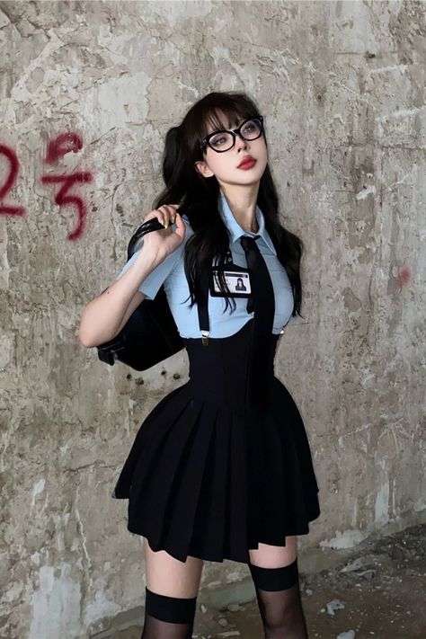 Skirt Sets Ladies Korean Retro Blue Shirt with Tie + Waist Fishbone Dress Suit Girl Uniform Preppy College Style Summer Y2k - AliExpress Preppy College Style, Uniform Aesthetic, 70 Outfits, Preppy College, Shirt With Tie, Uniform Accessories, Aesthetic Preppy, Tie Skirt, Fitted Shirt