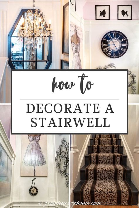 how to decorate a stairwell Home Decor Stairway Wall, Stair Decorating Ideas Wall Stairways, Stair Landing Mirror Ideas, Wall Above Stairs Decor Stairways, Vintage Staircase Ideas, Basement Stair Landing Ideas, Wall Paneling On Stairs, Frames Up Staircase, Accent Wall For Stairway