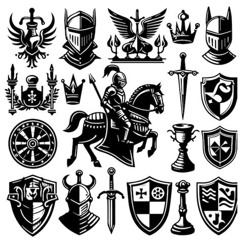 Modern variety of knight complements | Premium Vector #Freepik #vector #medieval #symbol #symbols #knight Knight Svg Free, Medieval Logo Design, Medieval Logo, Knight Symbol, Medieval Symbols, Social Media Business Cards, Knight Logo, Game Logo Design, Knight Armor