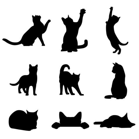 Collection of cat silhouettes in various poses isolated on white background Different Cat Poses, Black Cat Stretching Tattoo, Black Cat Silhouette Printable, Kitty Silhouette, Silhouette Chat, Cat Design Illustration, Cat Poses, Cat Shadow, Cat Standing