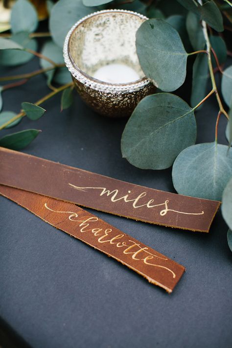 Leather Seating Chart Wedding, Leather Name Cards Wedding, Masculine Wedding Decor, Leather Wedding Decor, Northwoods Wedding, Masquerade Centerpieces, Centerpieces Floral, Tall Centerpiece, Corporate Events Decoration