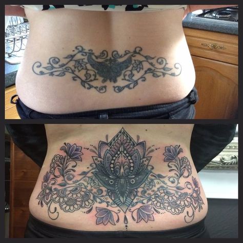 Tramp Stamp Cover Up Tattoos, Big Cover Up Tattoos, Butterfly Tramp Stamp, Cover Up Tattoos Before And After, Ankle Band Tattoo, Lower Back Tattoo, Cover Up Tattoos For Women, Floral Back Tattoos, Tattoo Foot