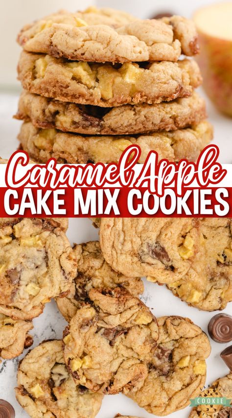 CARAMEL APPLE CAKE MIX COOKIES - Family Cookie Recipes Apple Carmel Cake, Caramel Apple Cookies, Caramel Apple Cake, Apple Cookies, Caramel Cookies, Caramel Recipes, Cake Mix Recipes, Cake Mix Cookies, Yellow Cake Mixes