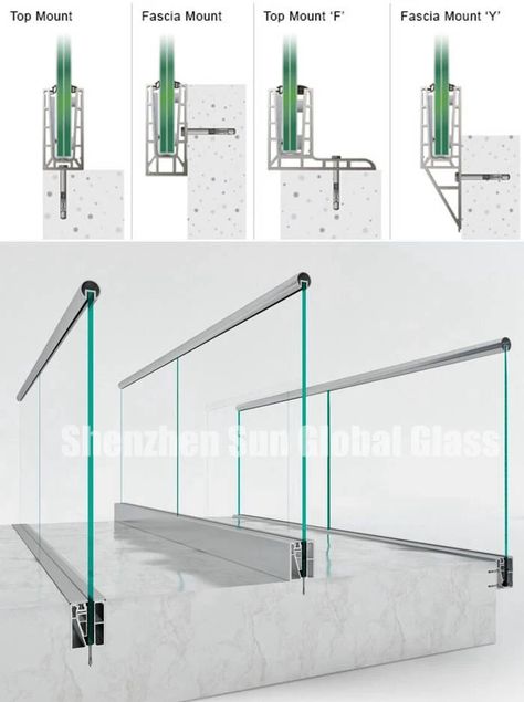 12mm tempered glass aluminium u channel railing system Glass Handrail Detail, Glass Handrail Balcony, Glass Railing Balcony Exterior Design, Glass Handrails For Stairs, Glass Railing Detail, Stair Glass Railing, Glass Railing Balcony, Modern Glass Railing, Tempered Glass Railing