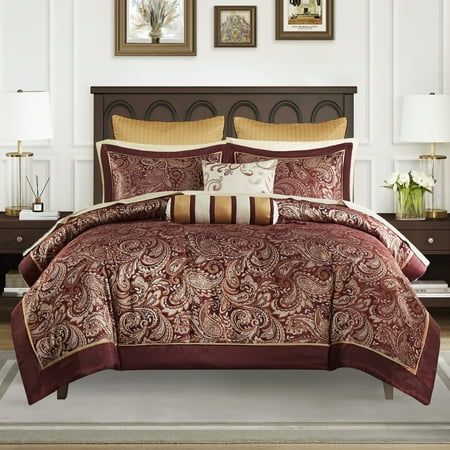 If classic is your style, Madison Park Aubrey 12-Piece Cal King Comforter Set with Cotton Sheet Set Red Paisley Jacquard Bed in a Bag is perfect for you. The jacquard weave is inspired from an updated paisley motif and is woven into a beautiful combination of burnt red, gold and a hint of platinum for a touch of sheen to your bedding. The comforter and shams offer beautiful details with a 2" flange and 1/2" flat piping in burnt red. The reverse of the comforter is a rich red color. The sheets ar Neck Roll Pillow, Jacquard Bedding, Velvet Comforter, Paisley Motif, Burnt Red, Red Paisley, King Comforter Sets, Bed In A Bag, Queen Comforter Sets