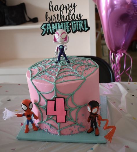 Girly Spider-man Birthday, Spidey Spin Ghost Spider Cake, Spider Gwen Birthday Party Cake, Spidey Ghost Cake, Spidey Friends Party, Pink Spider-man Birthday Party, Ghost Spider Centerpieces, Spidey Friends Birthday Cake, Ghost Spider 3rd Birthday