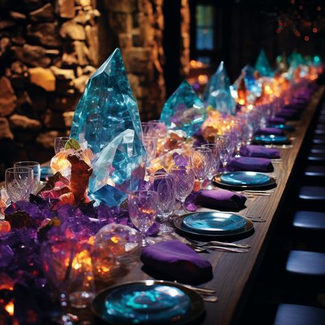 Jewel cave tablescapes that sparkle - Magical Fantasy Wedding Decor – Crystals, Caves and Candles #weddingtablescape #jewelwedding #geodedecor Crystal Cave Wedding, Celestial Party Theme Decor, Crystal Themed Wedding Decor, Nebula Wedding Theme, Wedding Crystal Decor, Gem Wedding Theme, Element Party Ideas, Jewel Birthday Party, Steven Universe Wedding Theme