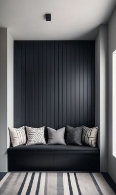 Bedroom Inspo Black Accents, Black Paneling Wall, Interior Slat Wall, Geometric Wall Paneling Ideas, Matt Black Accent Wall, Black Panel Hallway, Black Walls Interior Design, Black Room Wall Decor, Black And White Home Design