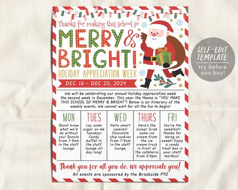 Winter Themed Teacher Appreciation, Holiday Teacher Appreciation Ideas, Holiday Staff Morale Booster, Winter Schedule, Christmas Teacher Appreciation, Staff Appreciation Week, Merry And Bright Christmas, Holiday Theme, Staff Appreciation