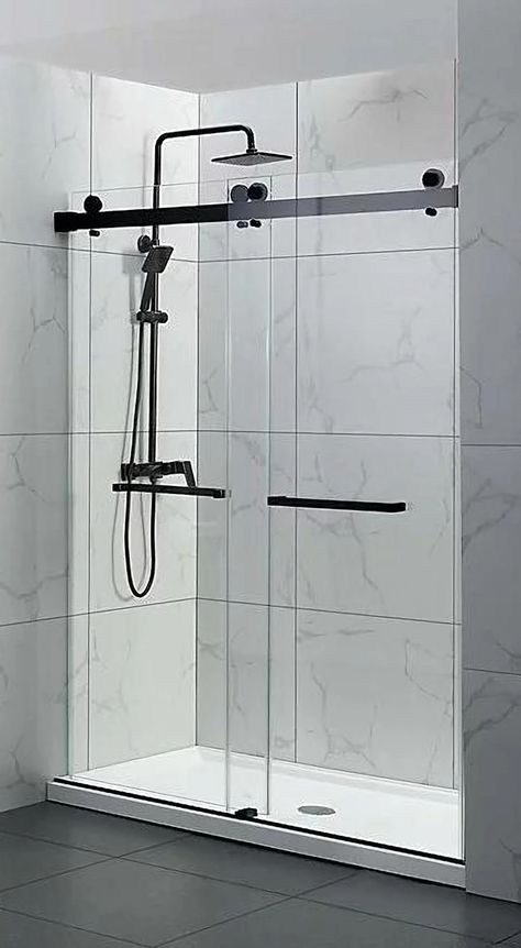 Shower Barn Door, Modern Shower Doors, Black Shower Doors, Shower Sliding Glass Door, Bathroom Shower Doors, Casa Loft, Bathroom Hacks, Bathroom Shower Design, Frameless Shower Door