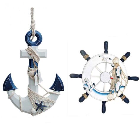 PRICES MAY VARY. MEDITERRANEAN DECOR - Add a touch of wooden ship steering wheel and ship anchor to your decor, give a Mediterranean style to your home. Perfect to hang it with other Mediterranean ornaments like fishing net, sea shells, wood lighthouse, nautical chairs and more. PANKAGE INCLIDING - Include an wood wheel and an wooden anchor. The Ship Steering Wheel has black handle. The fish are caught in the net. There are one seagull and one ship's anchor on it. MATERIAL: Handcrafted with high Beach Theme Home, Anchor Wall Art, Anchor With Rope, Diy Photo Wall, Wood Lighthouse, Anchor Wall Decor, Wood Anchor, Ocean Theme Party, Wooden Wheel