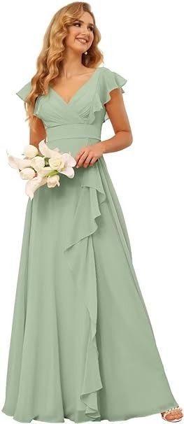 Mint Green Bridesmaid Dresses, Ruffles Bridesmaid Dresses, Bridesmaid Dresses Dusty Sage, How Many Bridesmaids, Sage Bridesmaid Dresses, Short Sleeves Dress, Bridesmaid Dresses Long Chiffon, Sage Green Bridesmaid Dress, Chiffon Bridesmaid Dresses