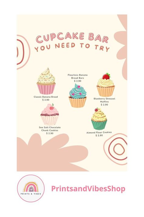 Printable Cupcake Sign Template, Cupcake Menu Sign, Cupcake Dessert Sign, Cupcake Table Sign, Editable Cupcake Menu Cupcake Sign, Flourless Banana Bread, Cupcake Template, Cupcake Bar, Bakery Business Plan, Banana Bread Bars, Cupcake Signs, Cupcake Table, Sea Salt Chocolate