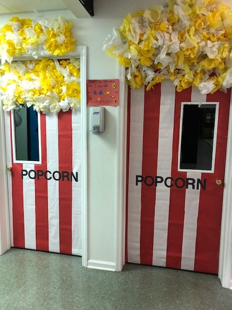 Carnival Theme Door Decorations, Circus Office Decoration, Carnival Food Decorations, Movie Vbs Decorations, Circus Hallway Decorations, Carnival School Decorations, Circus Door Decorations, Hoco Door Decorating, Carnival Door Decorations Classroom