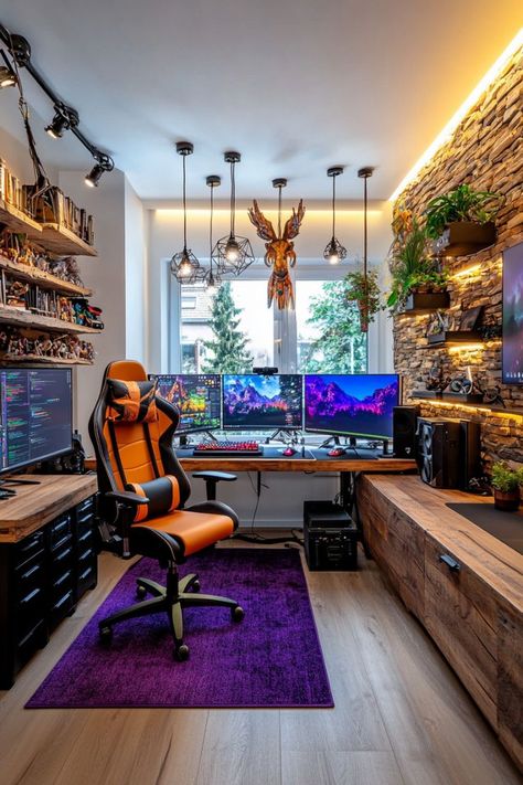 Gamer Guest Room, Home Office And Gaming Room, Ikea Gaming Room, Den Room Ideas Small Office, Gaming Room Interior Design, Gaming Room Interior, Pc Gaming Room, Gaming Room Design, Tech Home Office