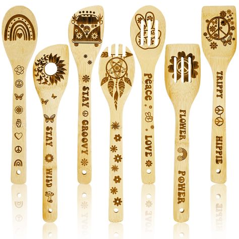 PRICES MAY VARY. What You Will Get - The package contains 7 pieces wooden burned spoons in 7 different styles, sufficient quantity and styles for meeting your festival, party or daily life needs. Retro Groovy Theme - These wooden spoons are printed with different patterns, all match unique retro groovy theme, printed with boho rainbow, flower, victory sign, peace sign, etc., full of hippie boho style feeling, add a different color to your kitchen. Reliable to Use - These kitchen utensil spoons a Maple Turkey, Turkey Gnome, Bee Party Decorations, Wooden Spoon Crafts, Wood Burn Spoons, Spoon Crafts, Spoons Set, Bee Party, Wood Burning Crafts