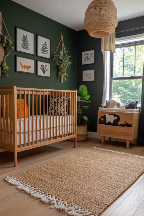 Some clever ideas for nursery rooms that will be perfect for lots of kids. Nursery With Fireplace, Brown And Green Nursery, Nursery Ideas Neutral Modern, Neutral Color Nursery Ideas, Earthy Nursery Ideas, Office Nursery Combo, Simple Kids Bedroom, Tiny Nursery Ideas, Olive Nursery