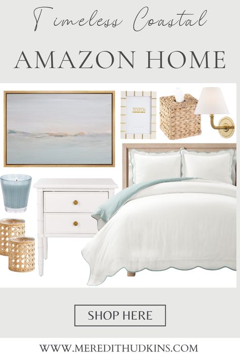 Amazon, Amazon Home, Meredith Hudkins, preppy, classic, traditional home, decor, grandmillennial, timeless home decor, coastal home, decor, scallop, bedding, framed, art, affordable, art, white, nightstand, coastal style, rattan, wall, sconce, lighting, woven, tissue box, picture, frame, candle, primary bedroom, guest bedroom, bedroom, home decor Amazon Guest Bedroom, Scallop Bedding, Costal Bedroom Idea, Classic Traditional Home Decor, Grand Millennial Bedroom, White Guest Room, Nantucket Bedroom, White Nightstand Bedroom, Meredith Hudkins