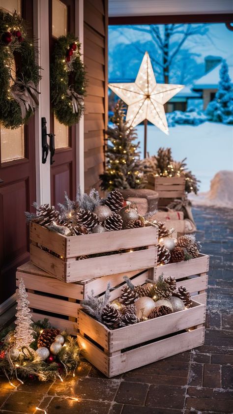 Neutral Outdoor Christmas Decor, Christmas Decoration Ideas Outdoor, Natural Christmas Porch Decor, Christmas Entrance Decor, Christmas Decoration Outdoor, Outdoor Winter Decor, Christmas Restaurant, Christmas Entrance, Winter Porch Decor