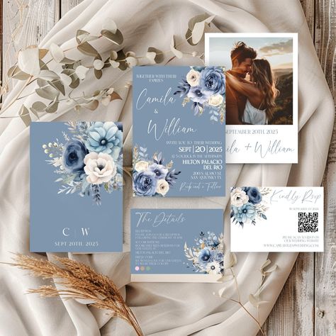 Dusty blue wedding invitations, Elegant Blue Wedding Invitation Suite, Floral Photo Wedding Invitation, Boho Wedding Invitation Qr Code Rsvp Add your own touch to this Light Blue Wedding Invitation Set that can be fully personalized and downloaded. It can be easily edited on Corjl using your phone, tablet or use a computer for advanced editing features.   SEE SIMILAR ITEMS LINK https://www.etsy.com/your/shops/me/tools/listings/section:49323870,stats:true Dusty blue Wedding Invitations, Elegant B Save The Date Ideas Wedding, Dusty Blue Country Wedding, Navy Blue And Dusty Blue Wedding, Blue Wedding Invitations Elegant, Rustic Blue Wedding, Blue Boho Wedding, Invitation Dusty Blue, Dusty Blue Wedding Invitations, Light Blue Wedding Invitations