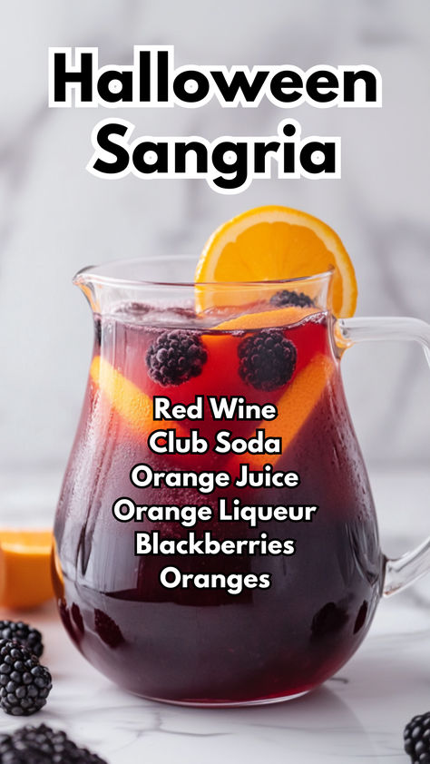 Halloween Sangria Halloween Punch Alcohol, Halloween Sangria, Best Sangria Recipe, Red Wine Cocktails, Orange Sangria, Blackberry Sangria, Halloween Punch Recipes, Orange Cocktails, Orange Liqueur