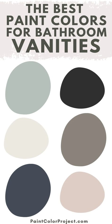 The 28 best bathroom vanity colors - The Paint Color Project Best Paint Color For Spa Bathroom, Bathrooms Colors Schemes, Bathroom Paint Colors With Black And White Tile, Painted Vanity Bathroom Ideas, Master Bath Vanity Paint Colors, Master Bath Vanity Color Ideas, Trendy Bathroom Vanity Colors, Slate Bathroom Vanity, Guest Bathroom Painted Vanity