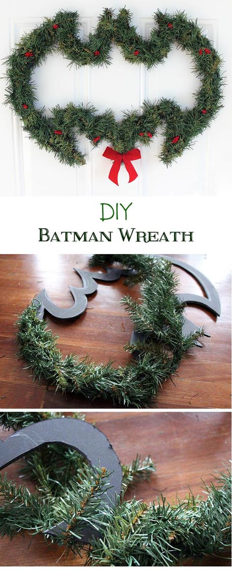 DIY Batman Wreath Geeky Christmas Decorations, Batman Christmas Tree, Batman Crafts, Diy Batman, Garden Beds Diy, Superhero Christmas, Batman Diy, Nerdy Christmas, Geek Christmas