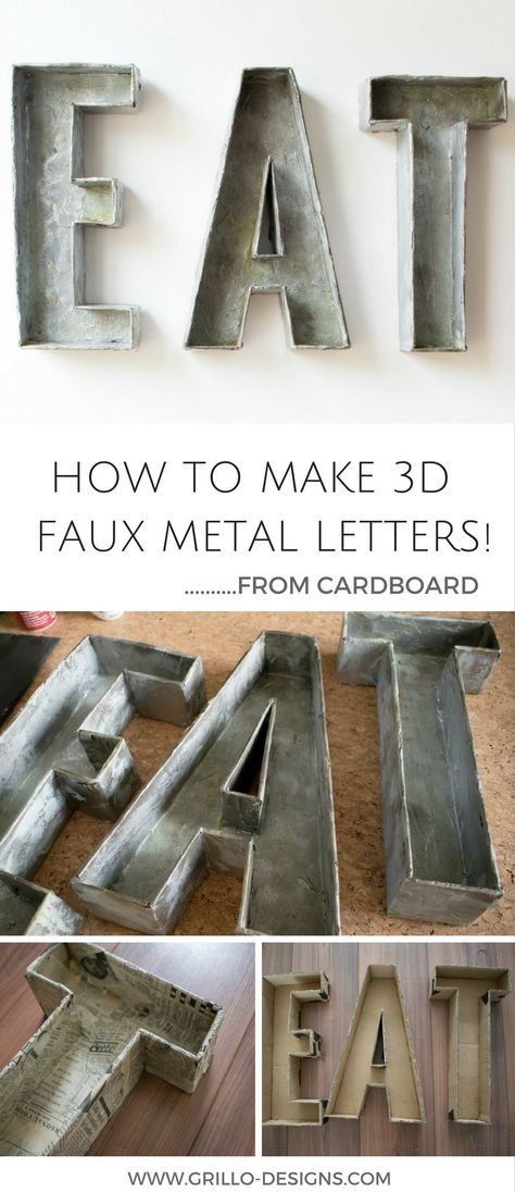 Diy Letter Ideas, Industrial Diy Decoration, Industrial Diy Decoration Ideas, Diy Karton, Cardboard Letters, Industrial Diy, Faux Metal, Diy Hanging Shelves, Industrial Home Design