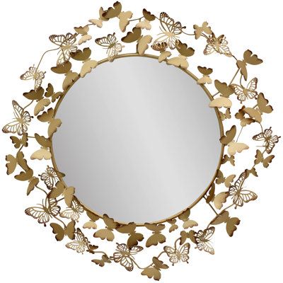 The vivacious and whimsical movement of layered gilded butterflies in this elegant round mirror, circular, metallic gold wall mirror will bring your room to life! The round iron frame is jumping with metallic butterflies securely welded in various sizes and directions, and their gold powder coat finish reflects light beautifully. This mirror really pops against a solid wall as immensely dimensional butterfly wall decor. | House of Hampton Elleanora Distressed Frameless Hooks Accent Mirror 28.0 x Butterfly Wall Hooks, Butterfly Theme Nursery, Butterfly Decorations Bedroom, Butterfly Baby Room, Butterfly Room Decor, Butterfly Bedroom, Kids Mirrors, Gold Wall Mirror, Butterfly Mirror