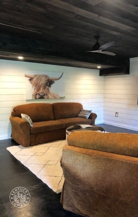 Shiplap Walls And Ceilings, Family Cave, Wood People, Shiplap Wood, Shiplap Boards, Dark Ceiling, Cedar Walls, Grey Ceiling, Dream Basement