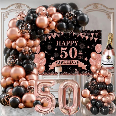 PRICES MAY VARY. 【50th Birthday Decorations for Women Kit】You will receive:12 inch balloons(black x 12pcs,rose gold x 12pcs,rose gold conetti balloons x 8pcs),10 inch balloons(black x 22pcs, rose gold x 22pcs), 5 inch balloons(black x 18pcs,rose gold x 18pcs),32inch rose gold 50 number balloons,59inch x 40inch black rose gold 50th birthday banner, beer balloons, 15pcs glues points and 1pc balloon chain. 【High Quality Material】50th birthday balloon arch kit are made of high-quality natural latex, Balloon Arch 50th Birthday, 50th Decorations Birthday For Women, Rose Gold 50th Birthday Party Ideas, 50 Shades Of Fabulous Birthday, 50 Fabulous Birthday Ideas, 50th Birthday Ideas For Women Decorations Decor Parties, 50th Bday Decoration Ideas, 50th Birthday Themes For Women, 50th Birthday Ideas For Women Themes