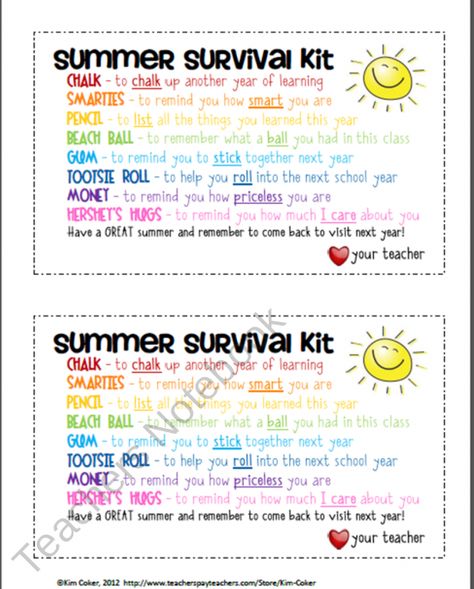 summer survival kit for student of of year gift Kindergarten Survival Kit, Student Gifts End Of Year, Summer Survival Kit, Student Survival Kits, Student Treats, Survival Kit Gifts, Teacher Notebook, Preschool Graduation, Survival Kits