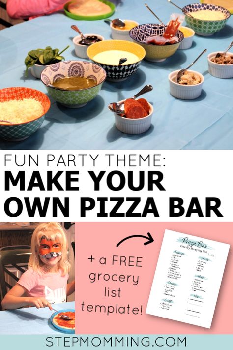 Pizza Party Toppings List, Toppings For Pizza Bar, Pizza Bar Toppings, Flatbread Bar, Make Your Own Pizza Bar, Pizza Bar Party, Make Your Own Pizza Party, Pizza Making Party, Pizza Party Ideas