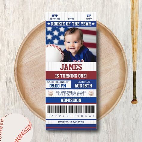 $2.28 | Rookie of the Year 1st Birthday Baseball Ticket - photo, sport themed birthday, first birthday, 1st birthday party invitation sports, rookie of the year, baseball, baseball ticket, boy 1st birthday invitation, unique, red blue white Baseball Ticket Invitation, 1st Birthday Baseball, Baseball Tickets, Baseball Birthday Invitations, Photo Sport, Modern Baseball, Baseball Theme Birthday, Baseball First Birthday, Sports Theme Birthday