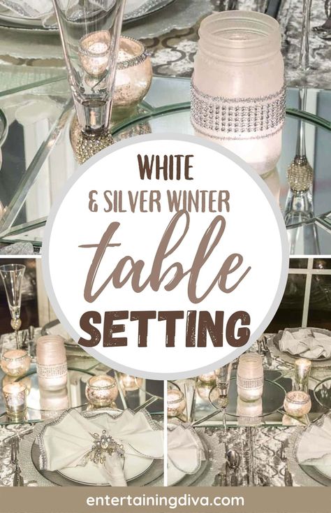 Silver Table Settings Ideas, White And Silver Christmas Table Decor, Silver And White Christmas Table Decor Centerpieces, Silver And White Christmas Table Decor, White And Silver Table Decor, Silver Christmas Table Settings, White Plates Table Setting, Silver Table Decorations, Silver Table Setting