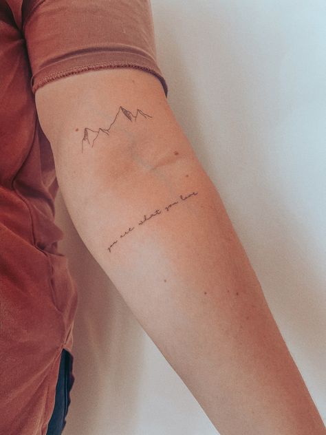 Love Of Nature Tattoo, Mountain Dainty Tattoo, Taylor Minimalist Tattoo, Mountain Tattoo Quote, White Mountain Tattoo, Love Nature Tattoo, Mountains Fine Line Tattoo, Mt Whitney Tattoo, Fine Line Outdoors Tattoo