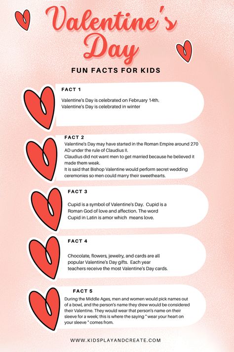 Saint Valentine’s Day is celebrated during winter on February 14th. It is a day to celebrate the people that you love. Did you know that Valentine’s Day is the second most popular day for giving greeting cards? If you want to learn why we celebrate Valentine’s Day and where the holiday originated, check out these fun Valentine’s Day Facts for Kids! Valentine's Day Facts for Kindergarten Valentine's Day Facts for 1st grade Valentine's Day Facts for 2nd grade Valentine's Day facts 3rd grade Valentine's Day Meaning, St Valentine Facts, Facts About Valentines Day, Valentines Day Facts, History Of St Valentine, Valentines Day Week, What Is Valentines Day, Valentines Day Meaning, Vday Crafts