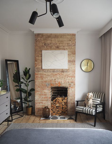 Neutrals Bedroom, Exposed Brick Fireplaces, Brick Bedroom, Hearth Tiles, Brick Living Room, Neutral Bedrooms, House Deco, Chimney Breast, Monochrome Pattern