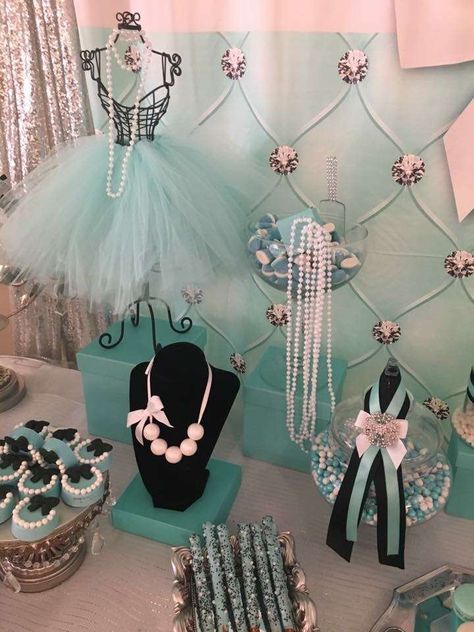 Tiffany Themed Baptism | CatchMyParty.com Tiffany Sweet 16 Party Ideas, Tiffany And Co Party Decorations, Tiffany Themed Birthday Party, Tiffany And Co Theme Party, Tiffany Birthday Theme, Tiffany Blue Party Decorations, Pearl Themed Party, Tiffany Baby Shower Theme, Tiffany Theme Party